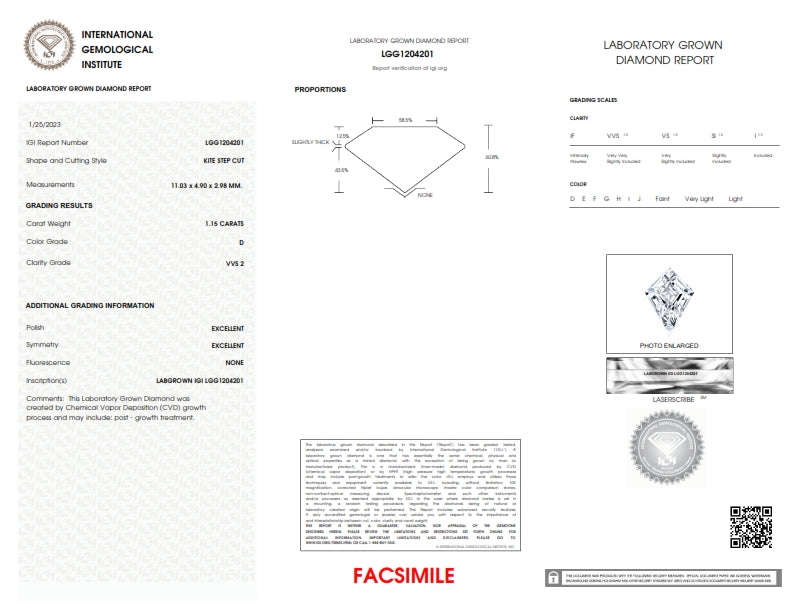 1.15ct | D/VVS2 Kite Shape Step Cut Lab Diamond (IGI)-LITHOS Diamond