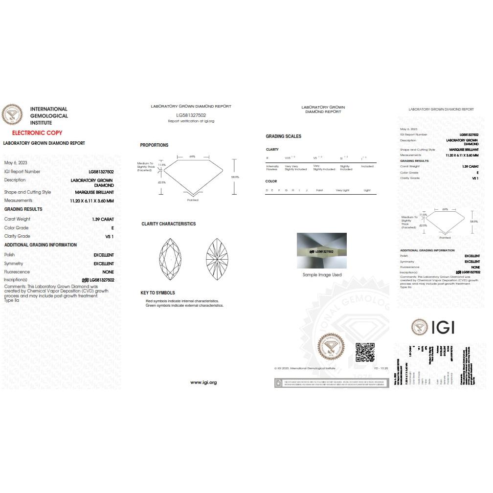 1.39ct | E/VS1 Marquise Shape Brilliant Cut Lab Diamond (IGI)-LITHOS Diamond
