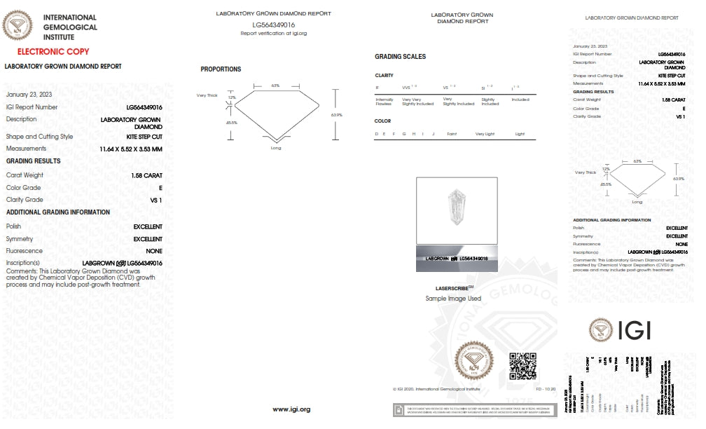 1.58ct | E/VS1 Kite Shape Step Cut Lab Diamond (IGI)-LITHOS Diamond