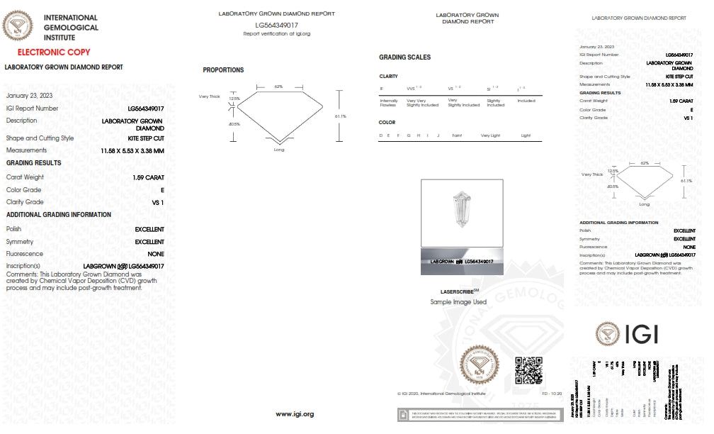 1.59ct | E/VS1 Kite Shape Step Cut Lab Diamond (IGI)-LITHOS Diamond