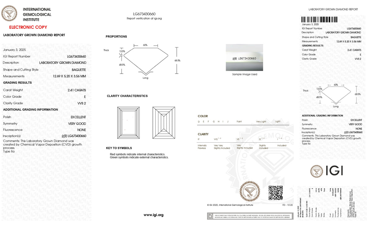 2.41ct | E/VVS2 Baguette Shape Step Cut Lab Diamond (IGI)