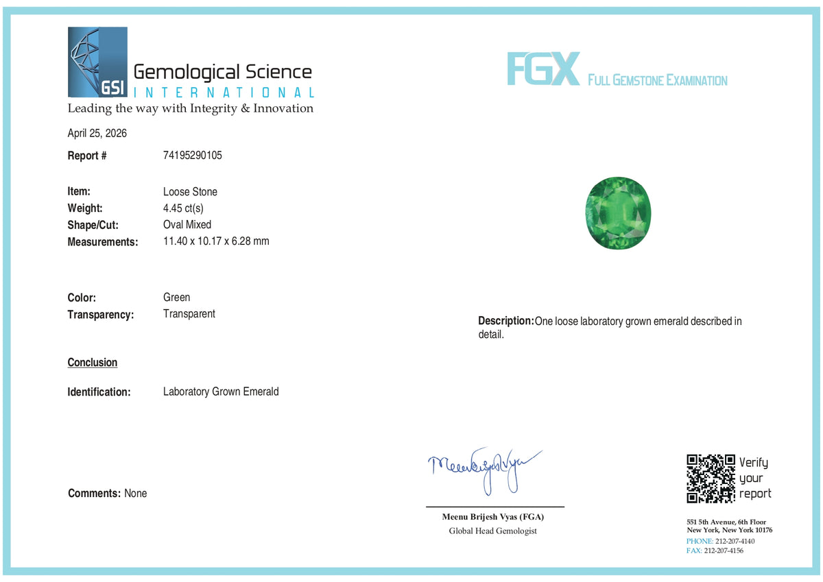 4.45ct | Brilliant Cut Oval Shape Lab Emerald (GSI)