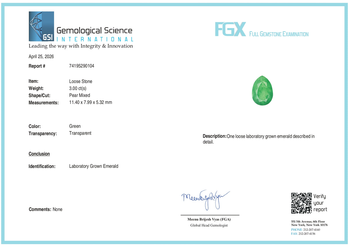 3.00ct | Brilliant Cut Pear Shape Lab Emerald (GSI)