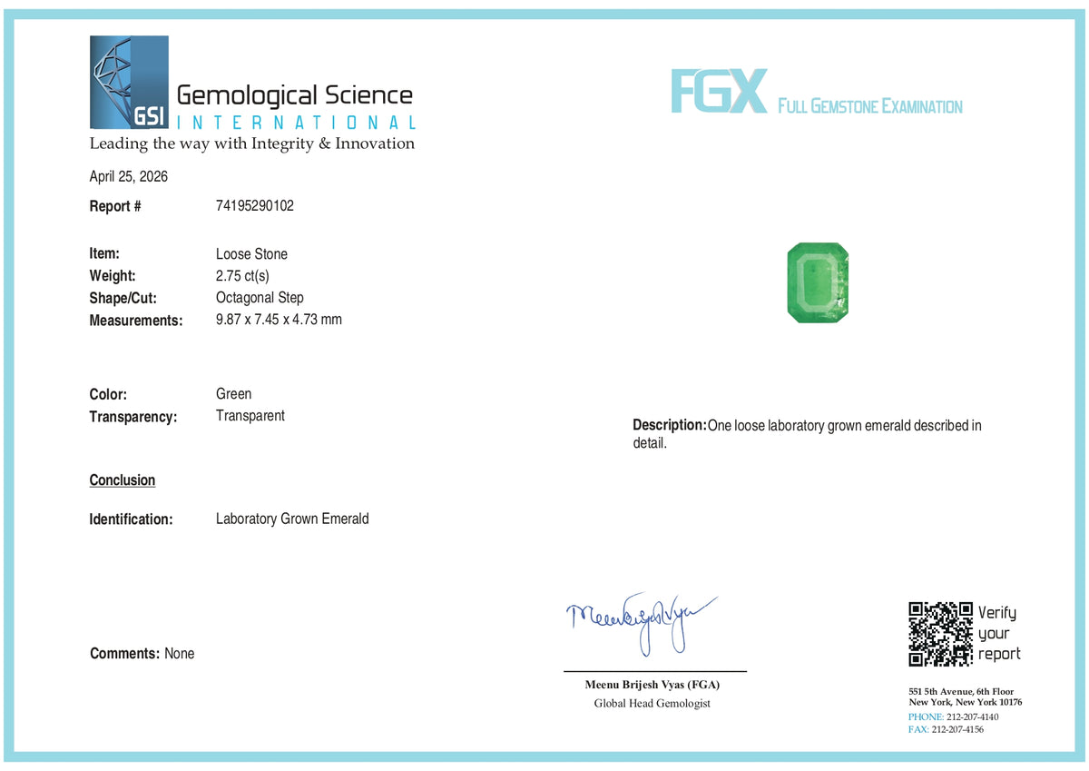 2.75ct | Step Cut Emerald Shape Lab Emerald (GSI)