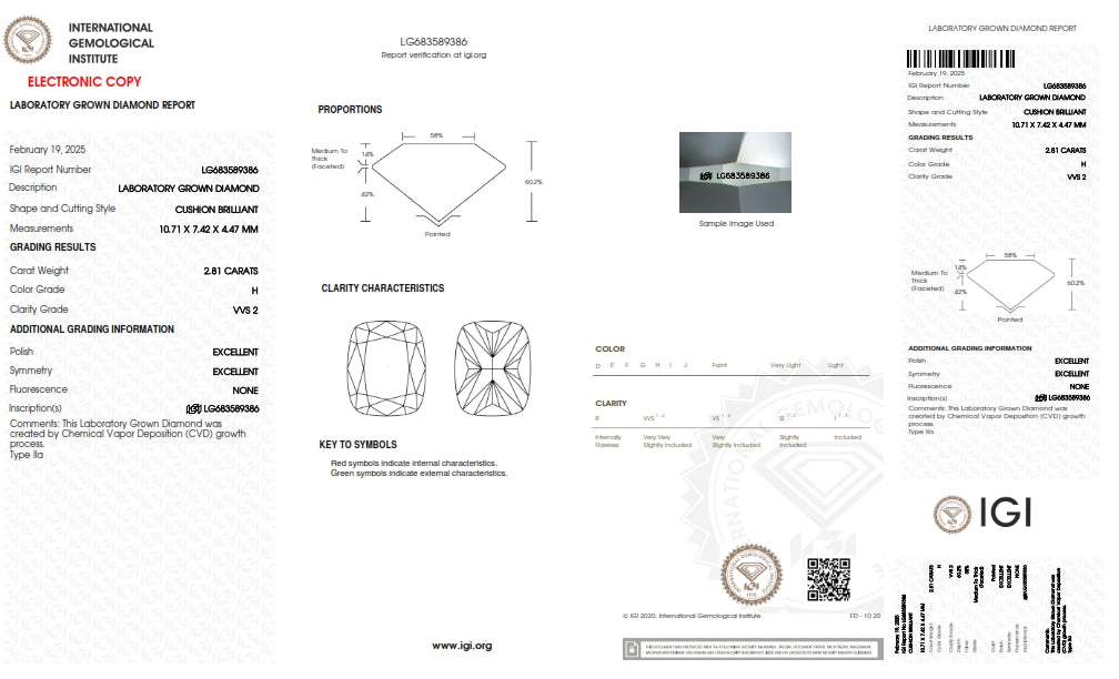 2.81ct | H/VVS2 Cushion Shape Brilliant Cut Lab Diamond (IGI)