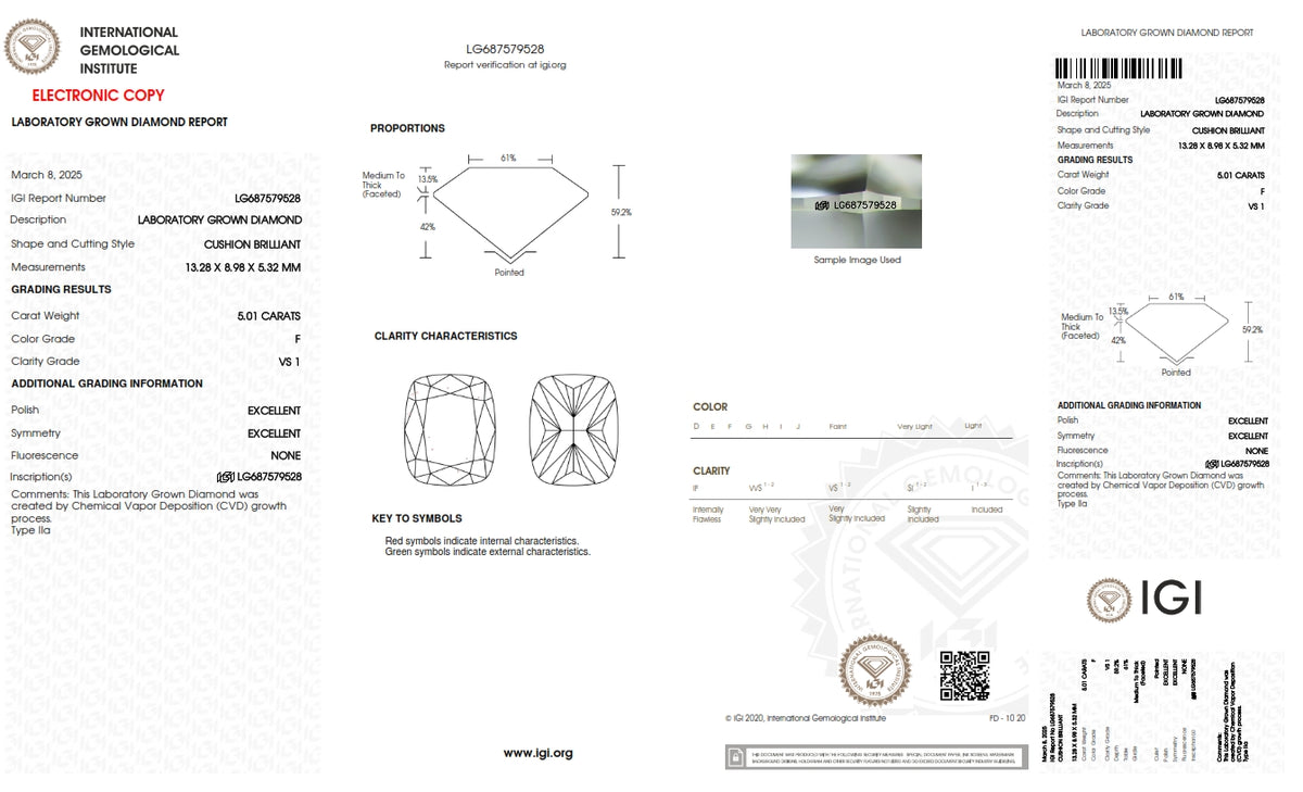 5.01ct | F/VS1 Cushion Shape Brilliant Cut Lab Diamond (IGI)