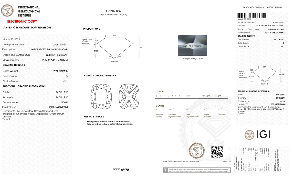 2.91ct | G/VS1 Cushion Shape Brilliant Cut Lab Diamond (IGI)