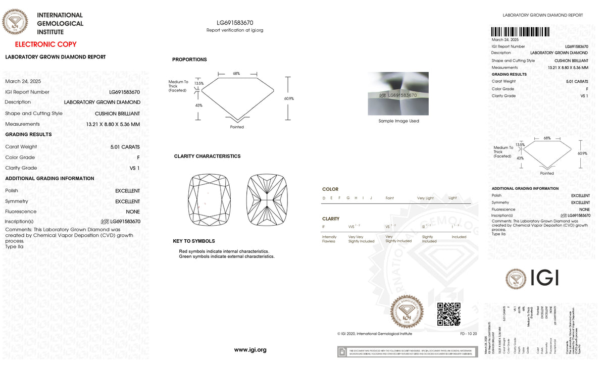 5.01ct | F/VS1 Cushion Shape Brilliant Cut Lab Diamond (IGI)