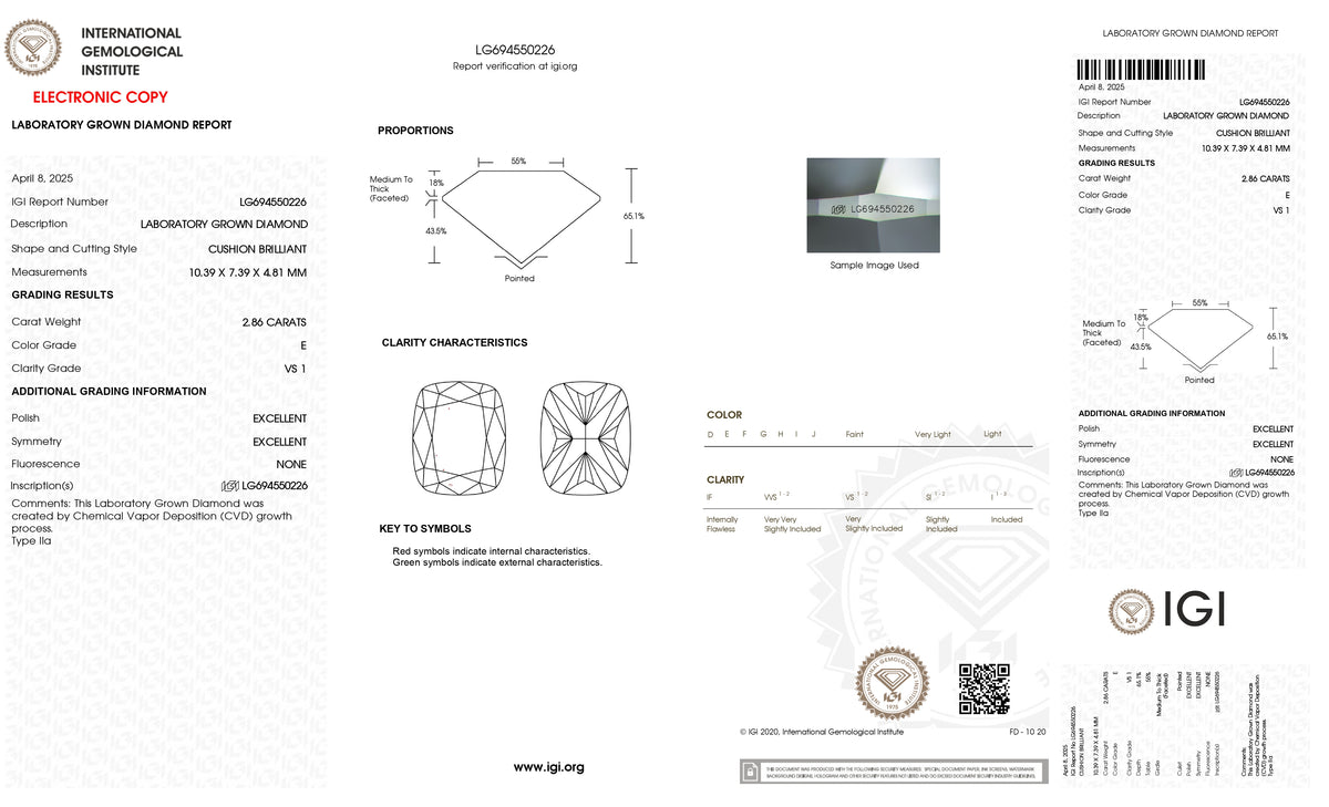 2.86ct | E/VS1 Cushion Shape Brilliant Cut Lab Diamond (IGI)