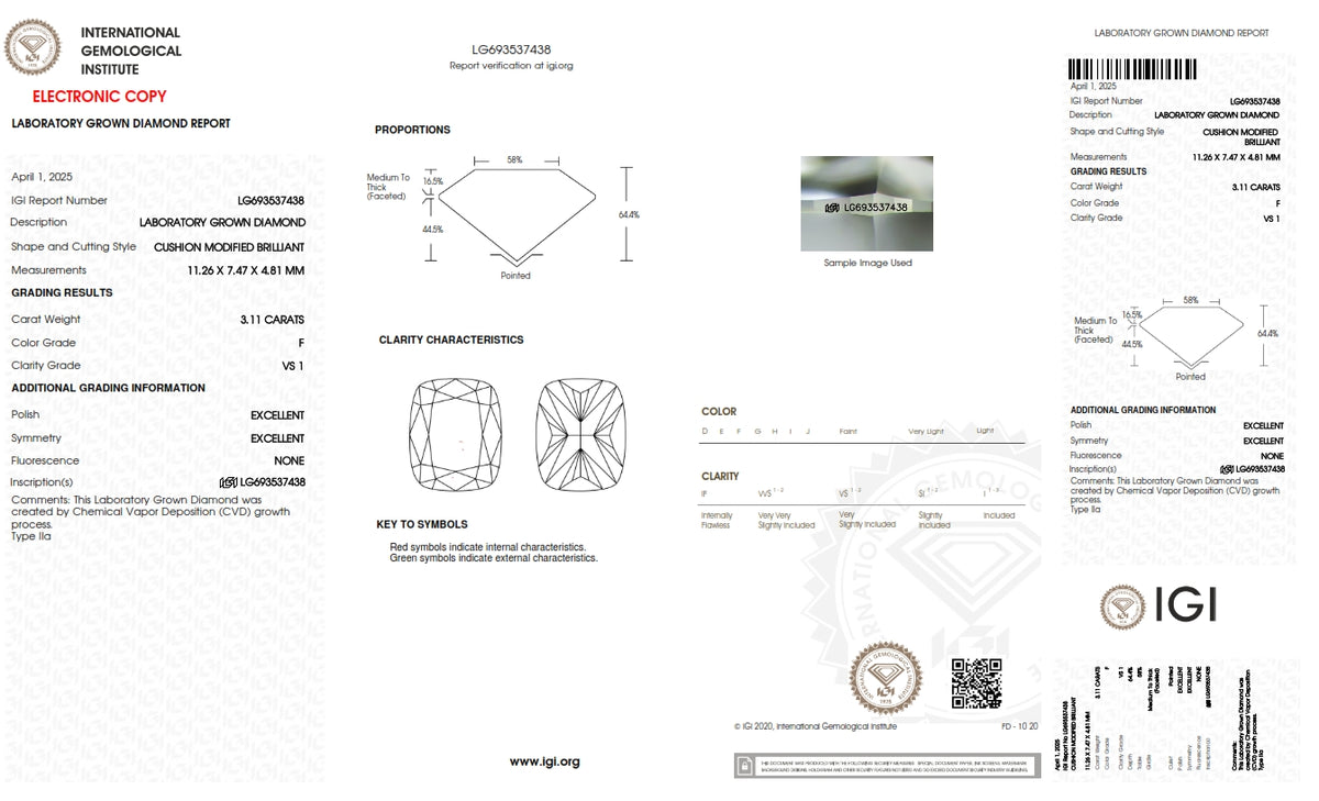 3.11ct | F/VS1 Cushion Shape Brilliant Cut Lab Diamond (IGI)