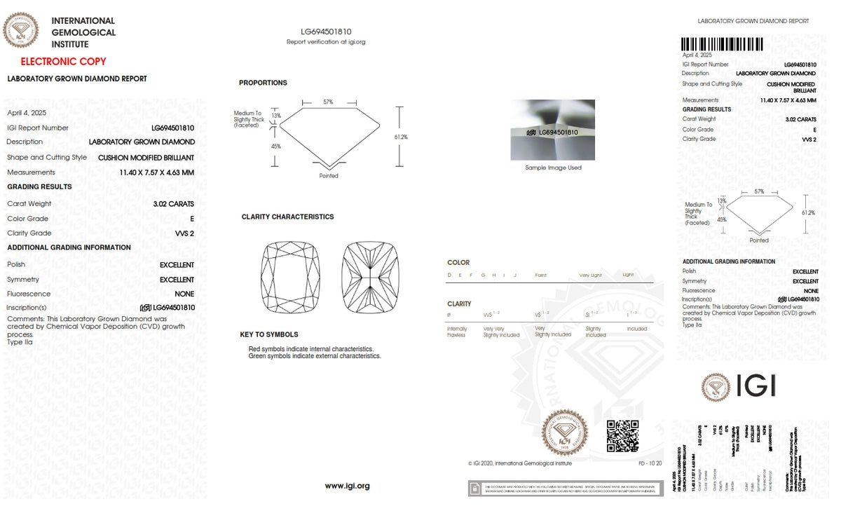 3.02ct | E/VVS2 Cushion Shape Brilliant Cut Lab Diamond (IGI)