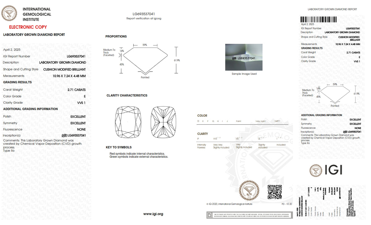 2.71ct | E/VVS1 Cushion Shape Brilliant Cut Lab Diamond (IGI)