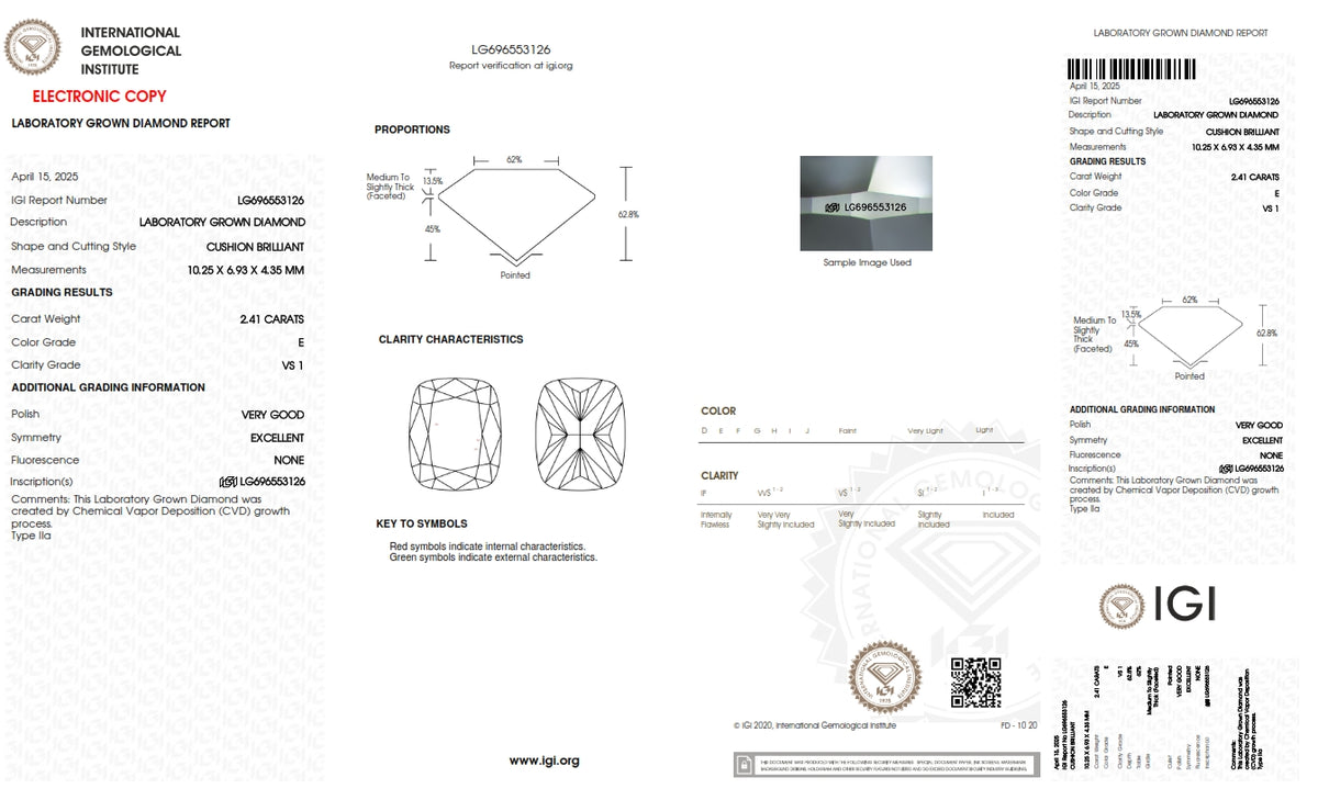 2.41ct | E/VS1 Cushion Shape Brilliant Cut Lab Diamond (IGI)