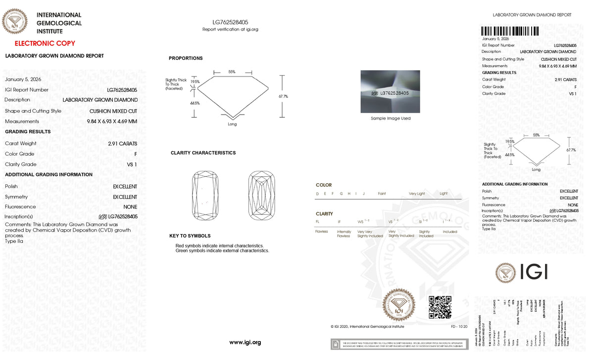 2.91ct | F/VS1 Cushion Shape Lattice Cut Lab Diamond (IGI)