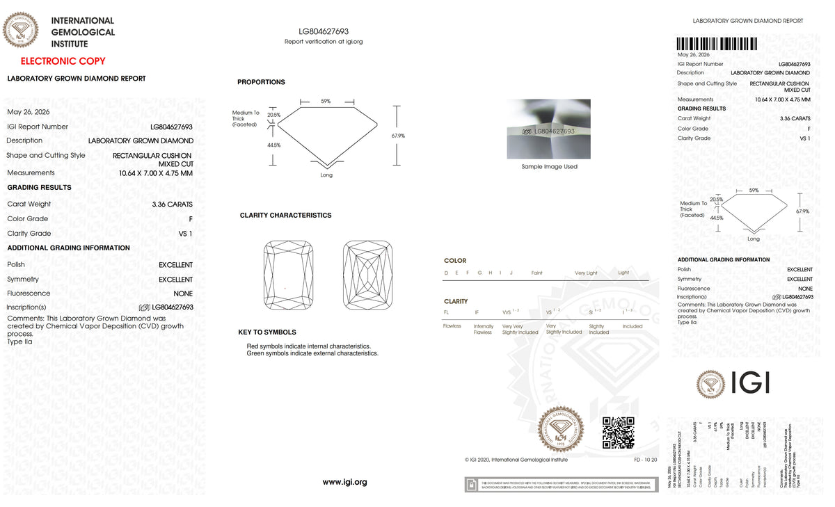 3.36ct | F/VS1 Cushion Shape Lattice Cut Lab Diamond (IGI)