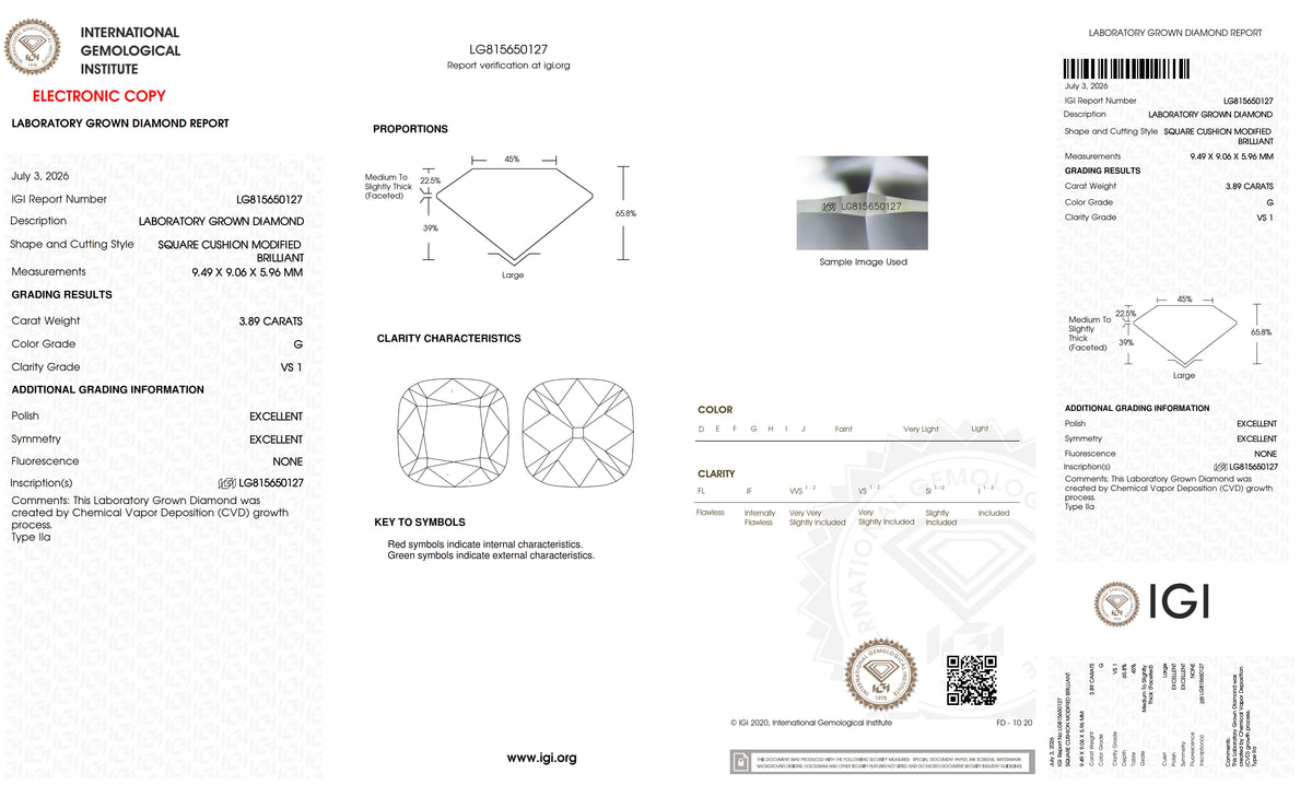 3.89ct | G/VS1 Cushion Shape Peruzzi Cut Lab Diamond (IGI)