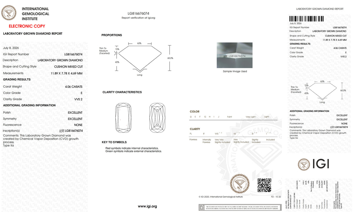 4.06ct | E/VVS2 Cushion Shape Lattice Cut Lab Diamond (IGI)