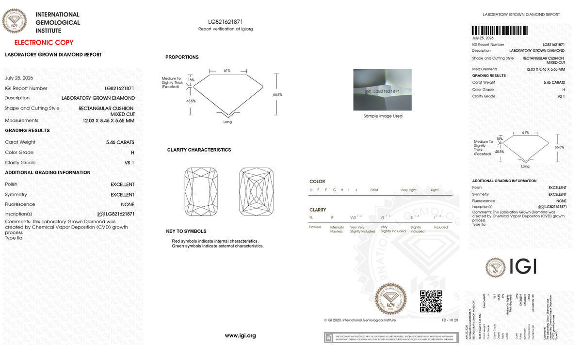 5.46ct | H/VS1 Cushion Shape Lattice Cut Lab Diamond (IGI)