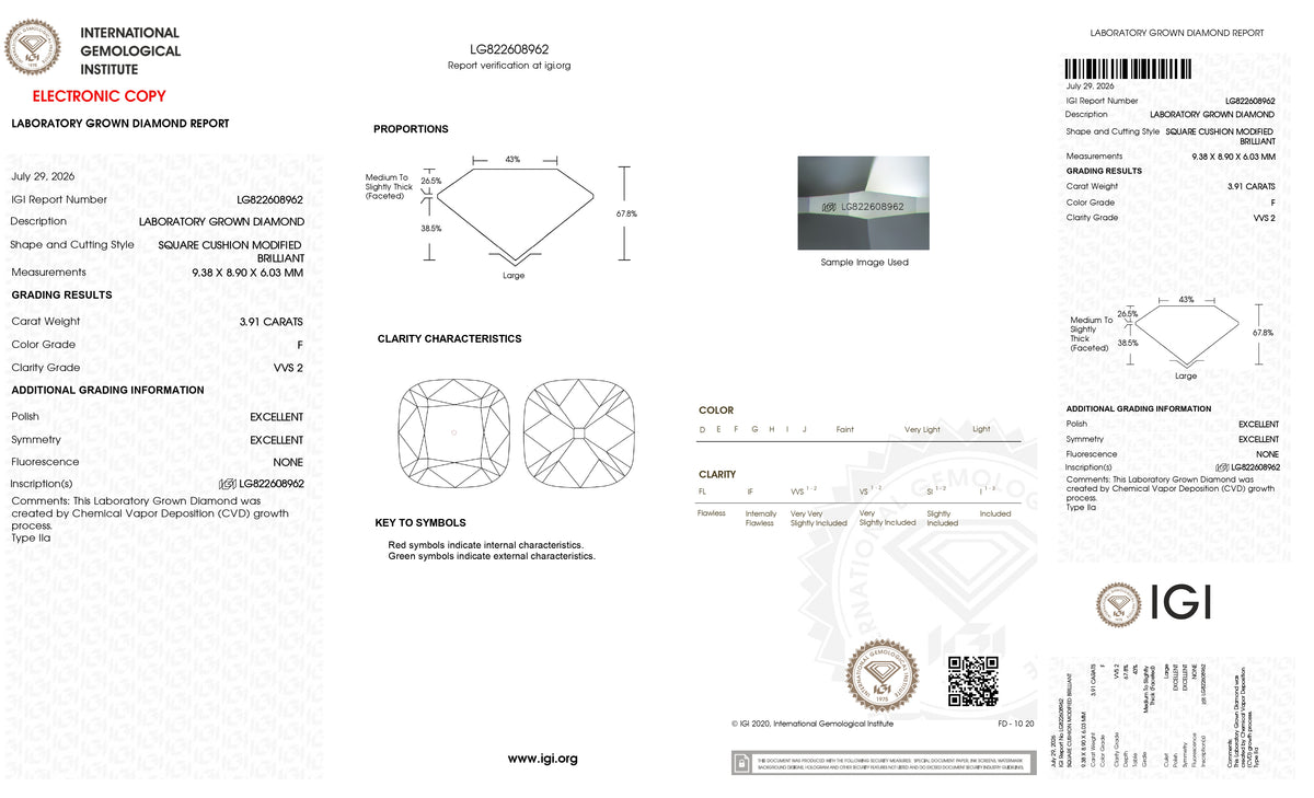 3.91ct | F/VVS2 Cushion Shape Peruzzi Cut Lab Diamond (IGI)