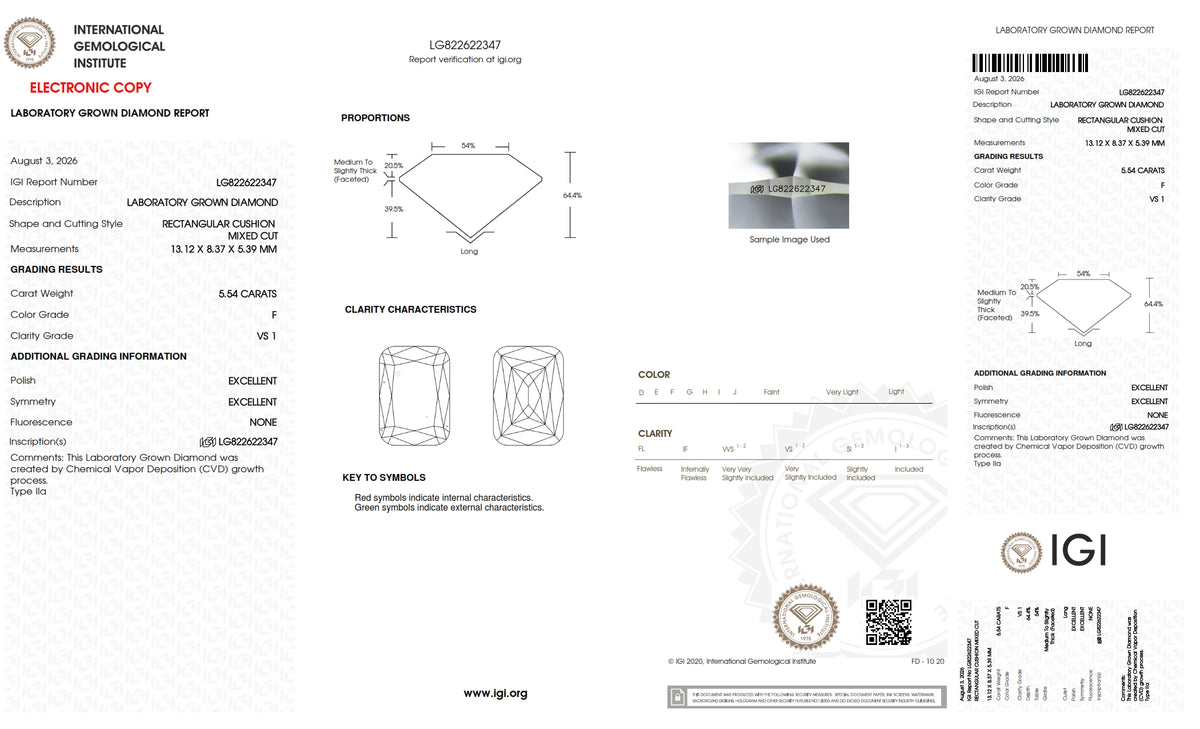 5.54ct | F/VS1 Cushion Shape Lattice Cut Lab Diamond (IGI)