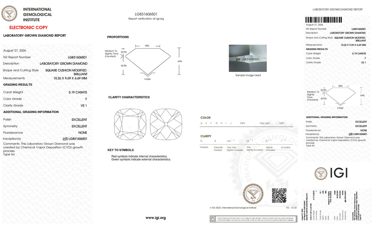 5.19ct | F/VS1 Cushion Shape Peruzzi Cut Lab Diamond (IGI)