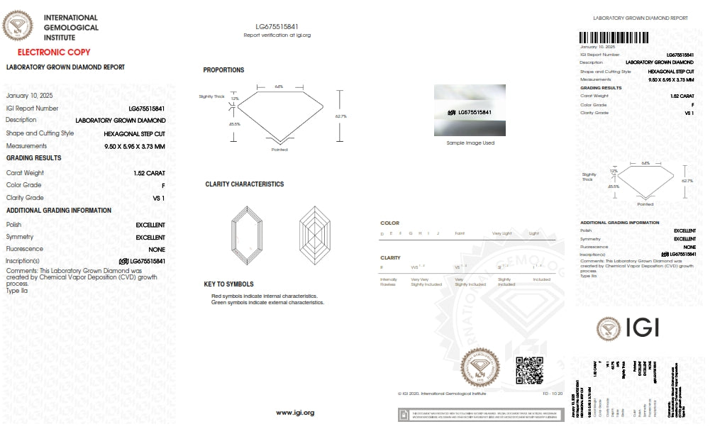 1.52ct | F/VS1 Hexagon Shape Step Cut Lab Diamond (IGI)