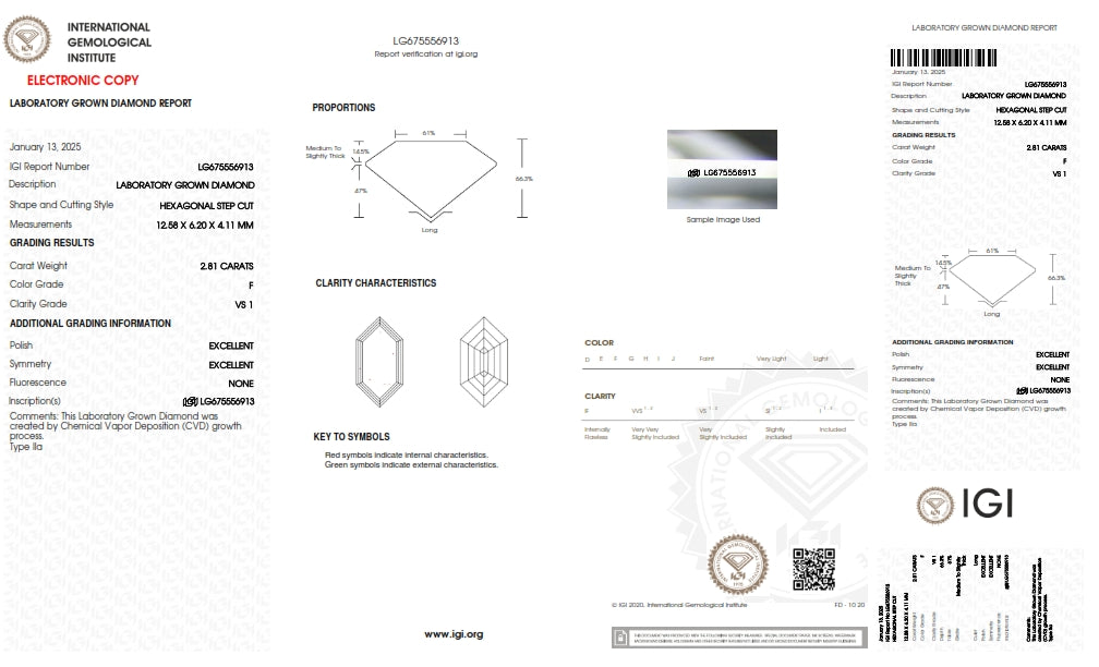 2.81ct | F/VS1 Hexagon Shape Step Cut Lab Diamond (IGI)