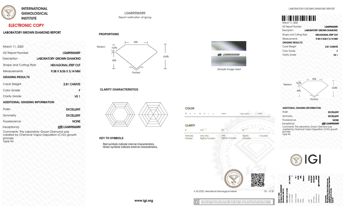 2.81ct | F/VS1 Hexagon Shape Step Cut Lab Diamond (IGI)