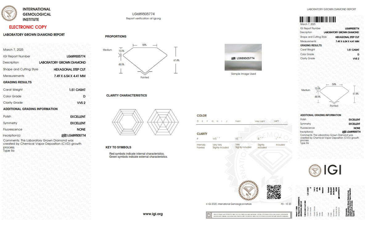 1.51ct | D/VVS2 Hexagon Shape Step Cut Lab Diamond (IGI)
