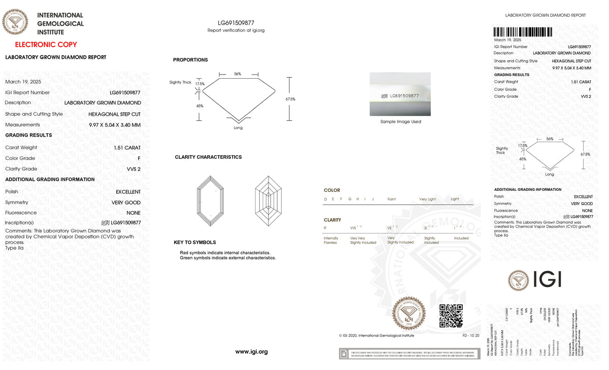 1.51ct | F/VVS2 Hexagon Shape Step Cut Lab Diamond (IGI)