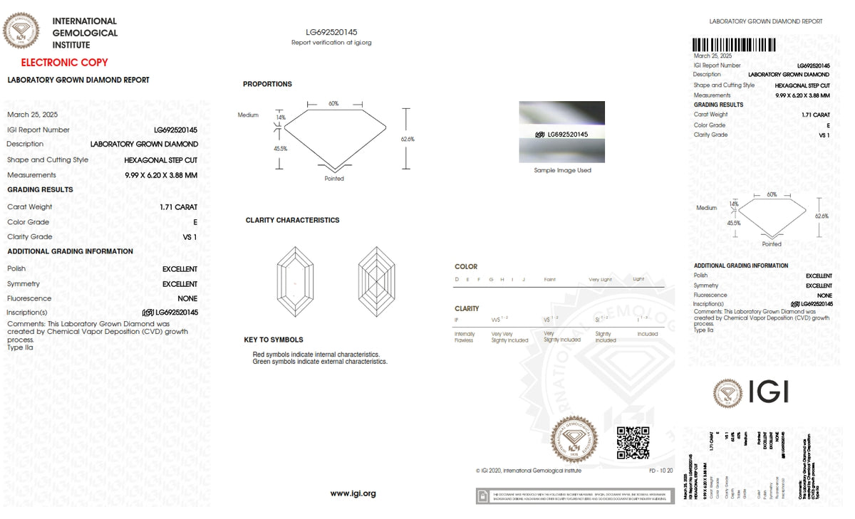 1.71ct | E/VS1 Hexagon Shape Step Cut Lab Diamond (IGI)