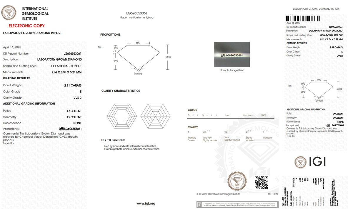 2.91ct | E/VVS2 Hexagon Shape Step Cut Lab Diamond (IGI)