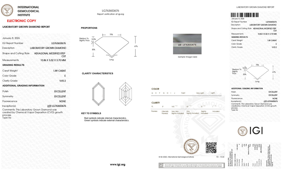 1.89ct | E/VVS2 Hexagon Shape Step Cut Lab Diamond (IGI)