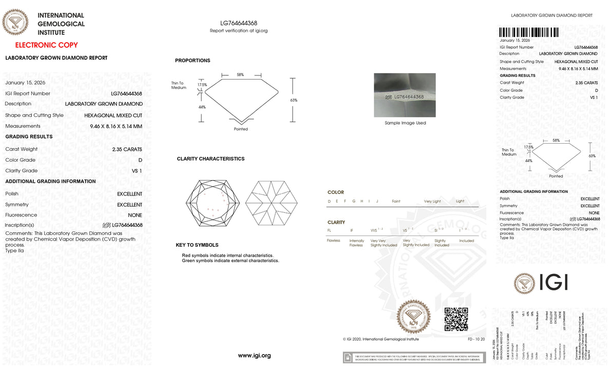 2.35ct | D/VS1 Hexagon Shape Brilliant Cut Lab Diamond (IGI)