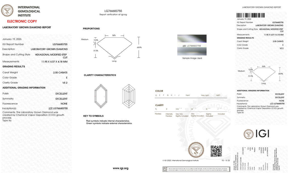 2.55ct | E/VS2 Hexagon Shape Step Cut Lab Diamond (IGI)