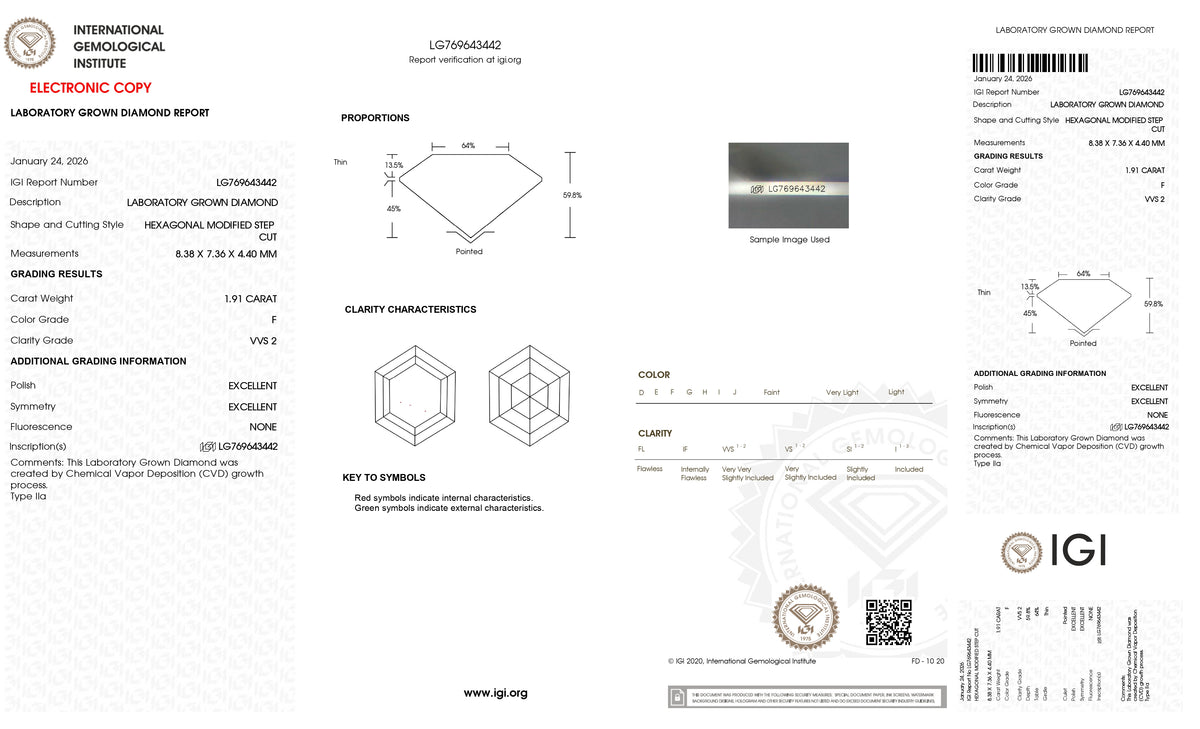 1.91ct | F/VVS2 Hexagon Shape Step Cut Lab Diamond (IGI)