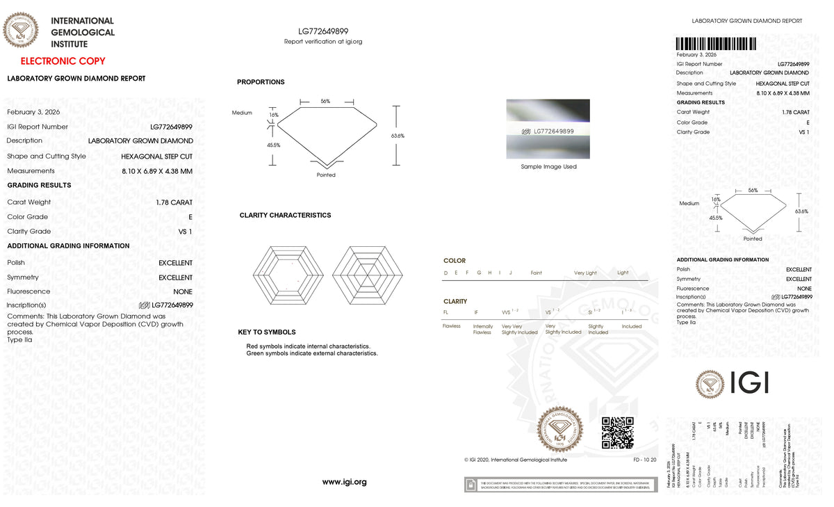 1.78ct | E/VS1 Hexagon Shape Step Cut Lab Diamond (IGI)