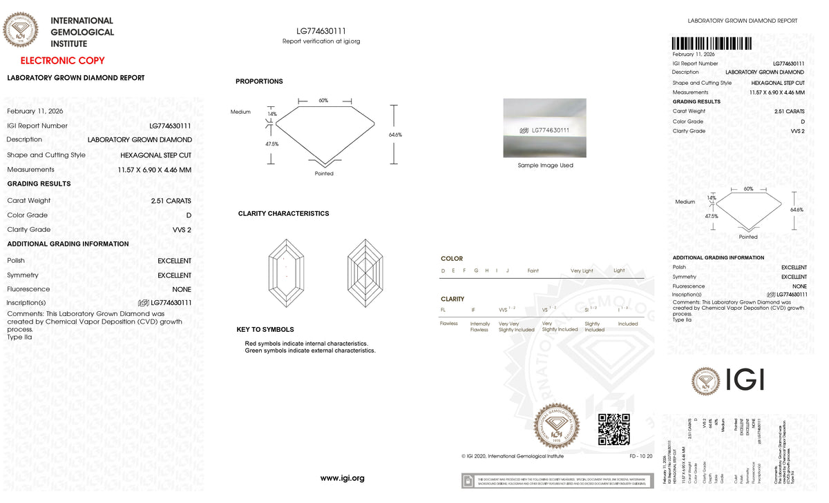2.51ct | D/VVS2 Hexagon Shape Step Cut Lab Diamond (IGI)