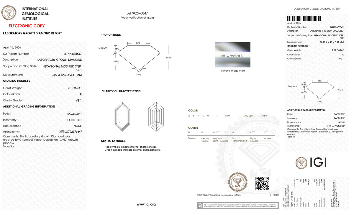 1.51ct | E/VS1 Hexagon Shape Step Cut Lab Diamond (IGI)