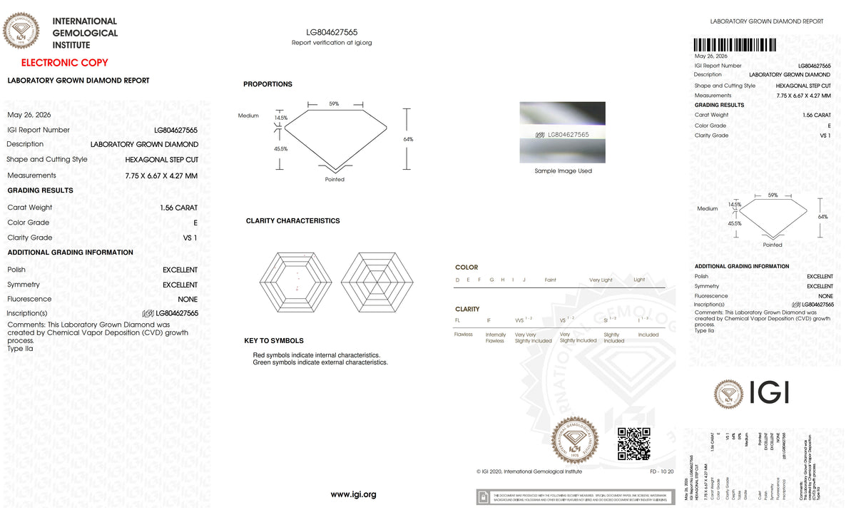 1.56ct | E/VS1 Hexagon Shape Step Cut Lab Diamond (IGI)
