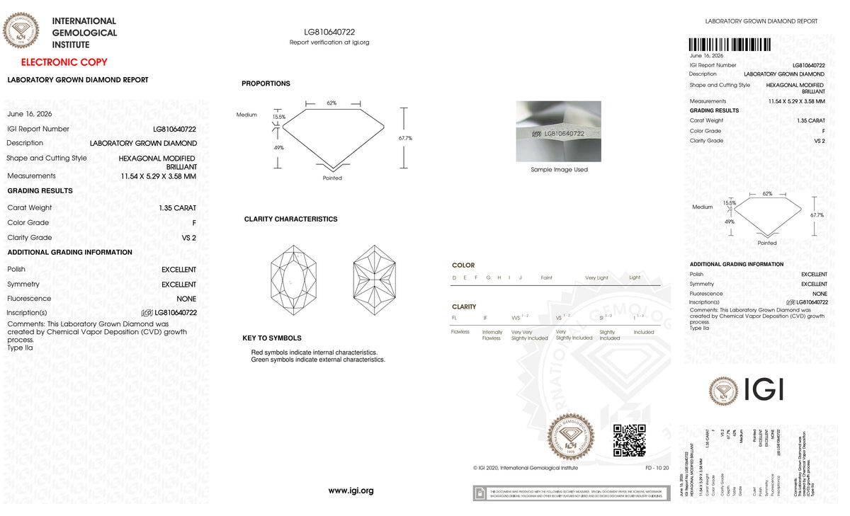 1.35ct | F/VS2 Hexagon Brilliant Cut Lab Diamond (IGI)