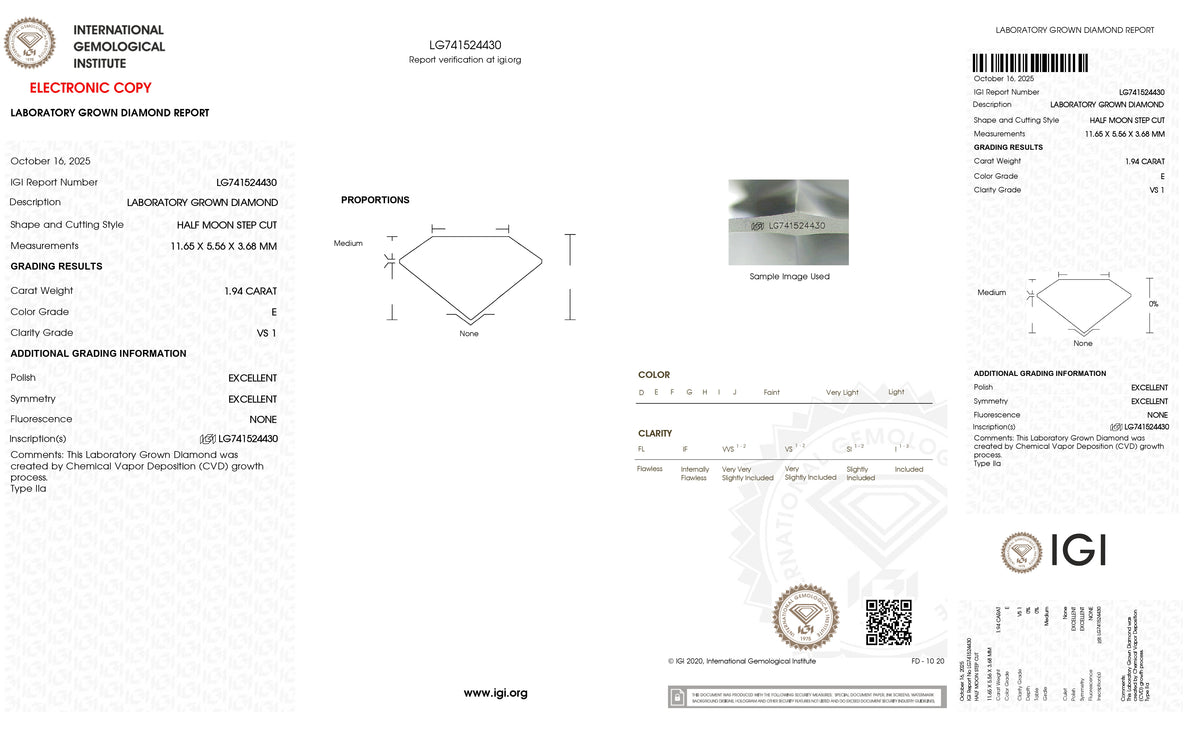 1.94ct | E/VS1 Half Moon Shape Step Cut Lab Diamond (IGI)