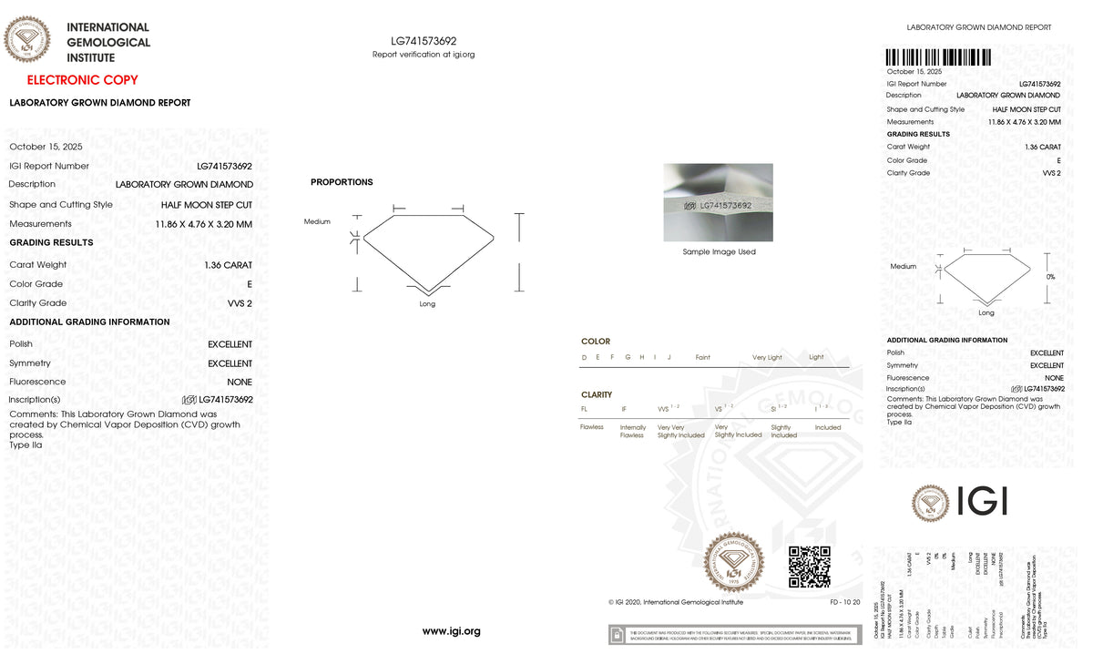 1.36ct | E/VVS2 Half Moon Shape Step Cut Lab Diamond (IGI)