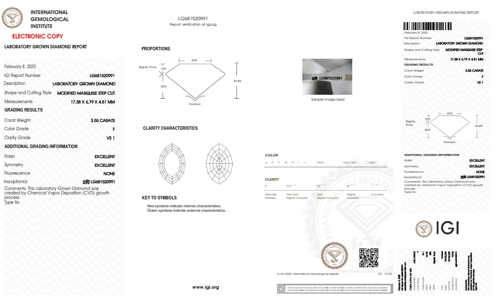 3.55ct | F/VS1 Marquise Shape Step Cut Lab Diamond (IGI)