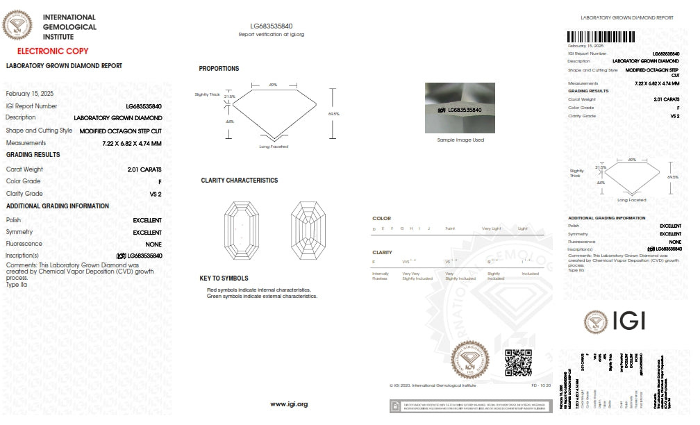 2.01ct | F/VS2 Octagon Shape Step Cut Lab Diamond (IGI)