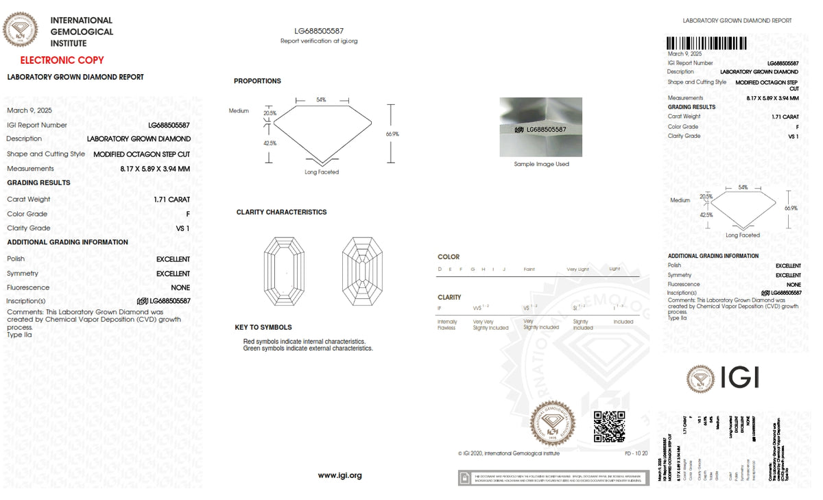 1.71ct | F/VS1 Octagon Shape Step Cut Lab Diamond (IGI)