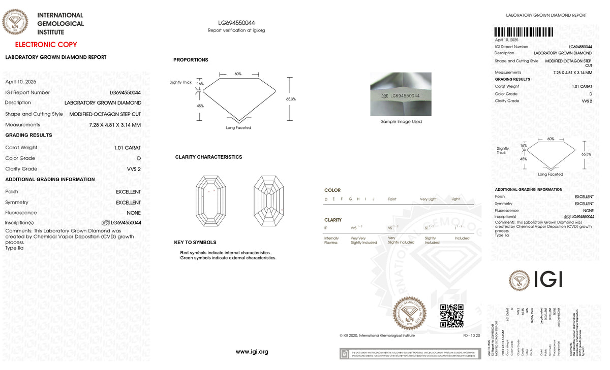 1.01ct | D/VVS2 Octagon Shape Step Cut Lab Diamond (IGI)