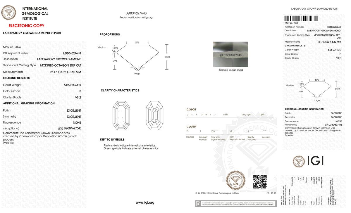 5.06ct | E/VS2 Octagon Shape Step Cut Lab Diamond (IGI)