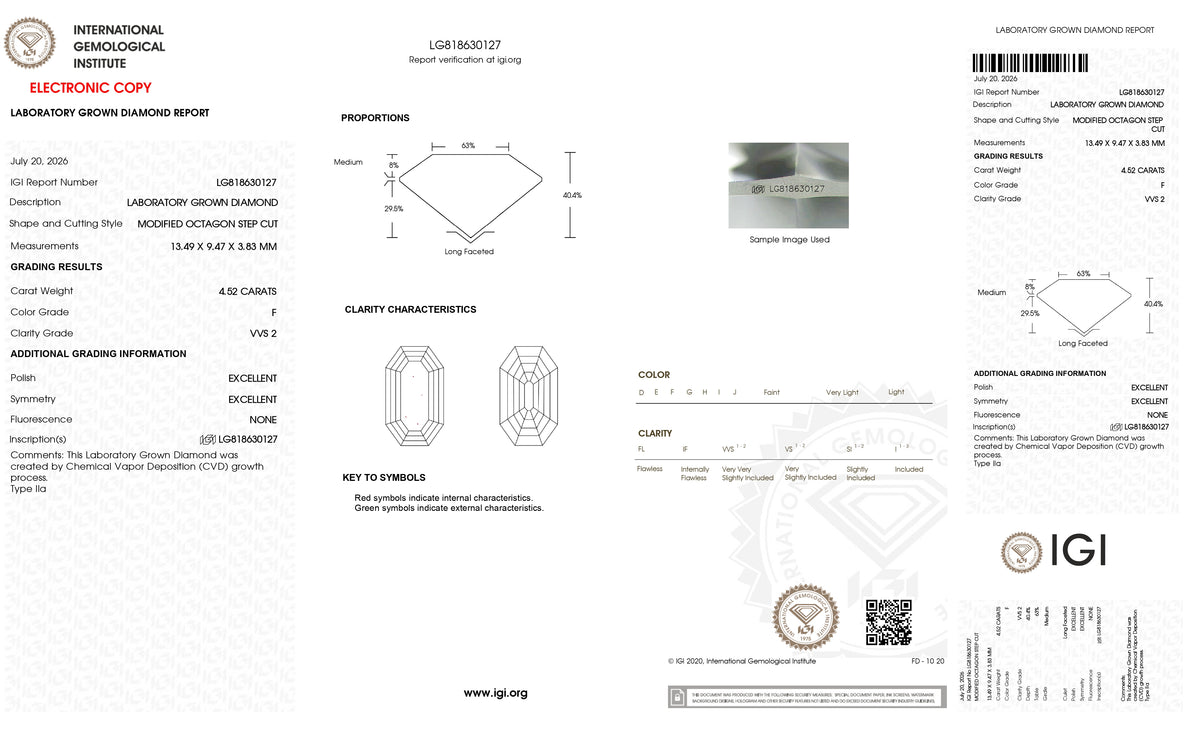 4.52ct | F/VVS2 Octagon Shape Step Cut Lab Diamond (IGI)