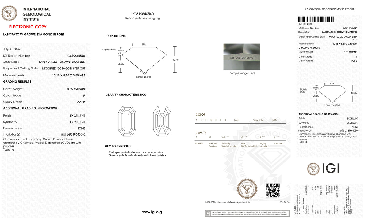 3.55ct | F/VVS2 Octagon Shape Step Cut Lab Diamond (IGI)